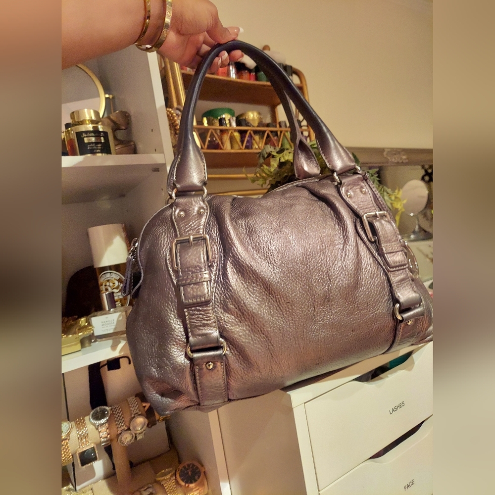 Michael Kors Fulton Metallic Dark Grey Leather Top Handle Bowler Bag Pur… - Picture 11 of 16